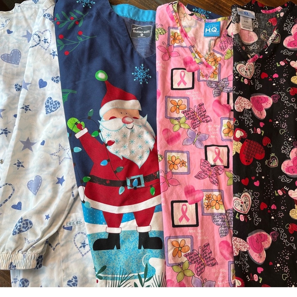 Scrub Tops Bundle‎ of 4 Christmas Breast Cancer Hearts Cherokee Butter-Soft XL